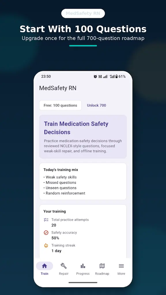 Training home showing 100 free questions and progress summary