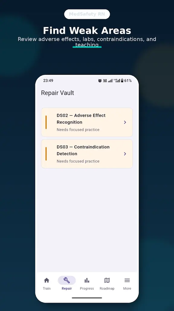 Weak-area repair screen listing decision skills to practise