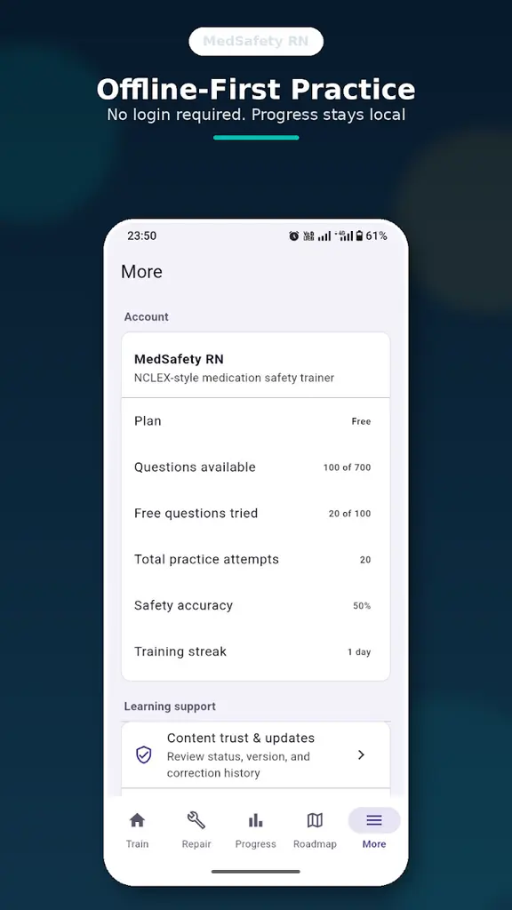 Offline-first profile showing local training progress