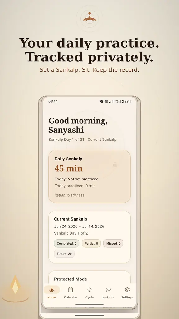 Meditation Tracker: Sadhana home screen showing a daily Sankalp and current cycle
