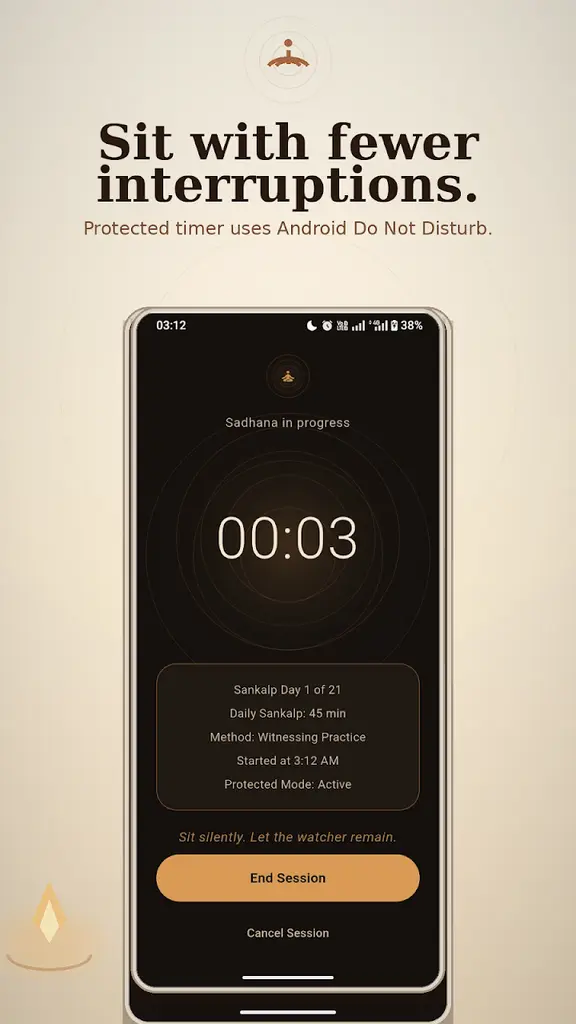 Protected meditation timer running in Meditation Tracker: Sadhana
