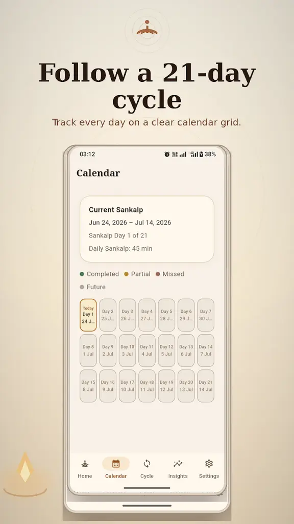 Meditation Tracker: Sadhana calendar showing a 21-day practice cycle