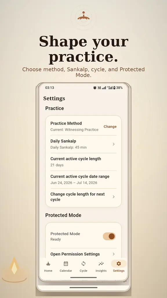 Settings screen for practice method, cycle and Protected Mode