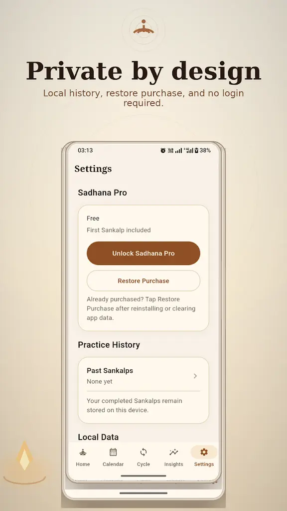 Meditation Tracker: Sadhana settings showing Pro, past Sankalps and local data